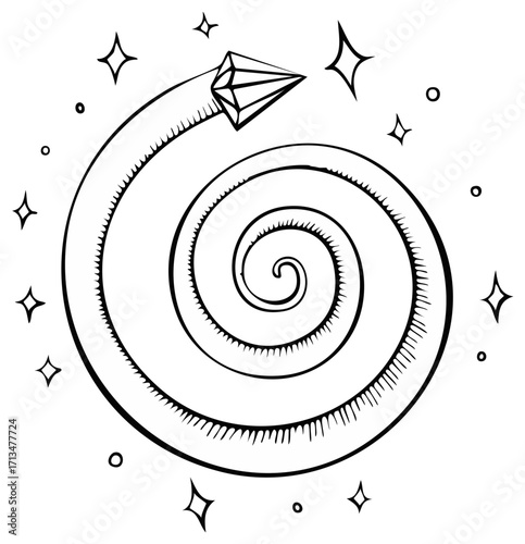 Doodle Illustration of a Diamond Orbiting Around a Spiral with Stars