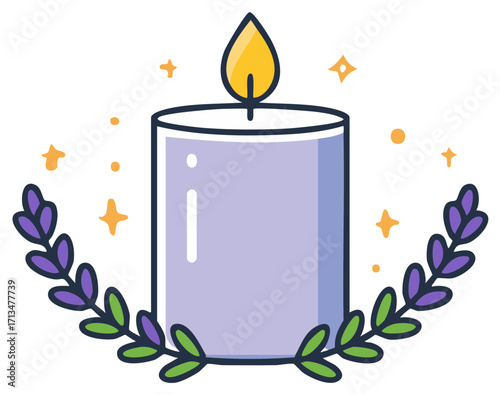 Aromatherapy Candle with Lavender Illustration, Relaxation and Wellness Concept