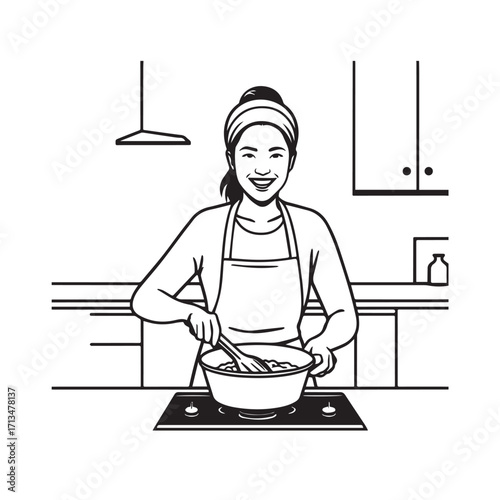 Black and White Vector Illustration of a Smiling Woman Cooking in Kitchen with Apron and Headband