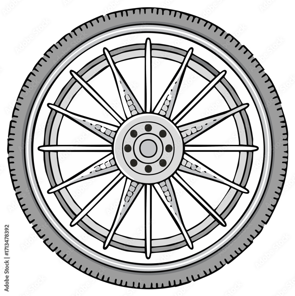 Fototapeta premium Detailed illustration of a bicycle wheel featuring tire and spokes