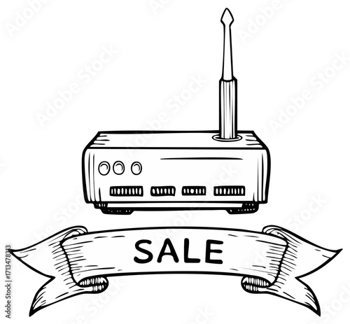 Drawn vintage radio communication device with antenna and sale banner