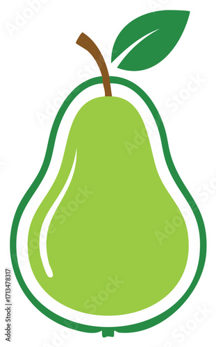 Stylized green pear fruit illustration with a single leaf and stem icon