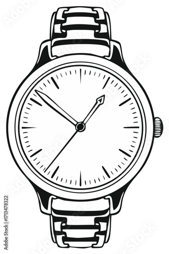 Elegant wristwatch illustration. Graphic timepiece with metal strap, hands indicating time and a round face.
