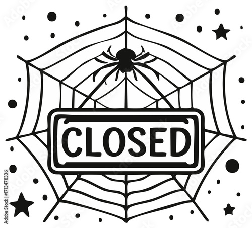 Spooky Halloween Spider Web with Closed Sign Black White Doodle Illustration