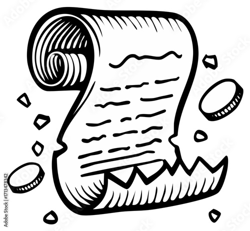 Ancient parchment scroll with scattered coins and torn edges black and white illustration