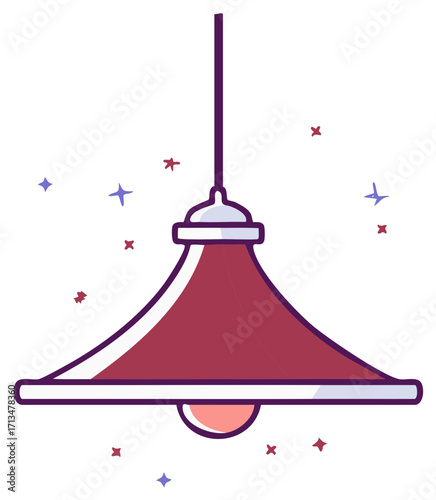 Modern pendant light fixture with a conical shade and glowing bulb