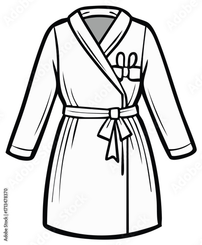 Robe Bathrobe Outline Illustration, Open Front Sleepwear with Tie, Black and White