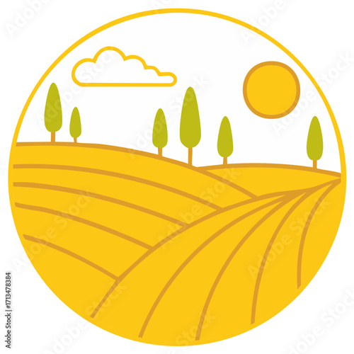 Flat illustration of a field landscape with sun, cloud, and trees within a circle