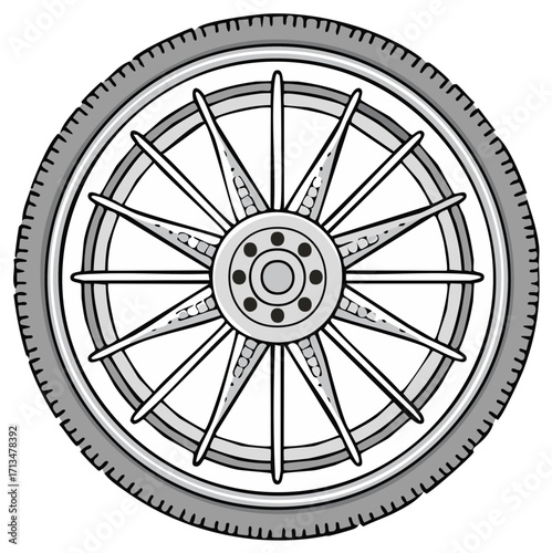 Detailed illustration of a bicycle wheel featuring tire and spokes