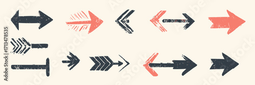 Set of twelve hand drawn grunge style direction arrows in black and red colors with various shapes and styles on light textured background for design elements