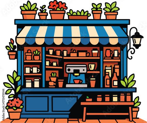 Charming coffee shop storefront with striped awning, espresso machine, cups, plants, and cozy details. Perfect for café branding, beverage themes, or small business concepts. Editable EPS file.