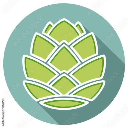 Stylized graphic of a hop cone on a circular teal background with shadow.