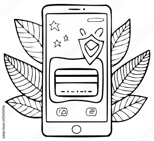 Mobile Banking Application with Leaf Adornments Depicting Security and Reliability. Black Outline Art for Coloring and Creative Design.