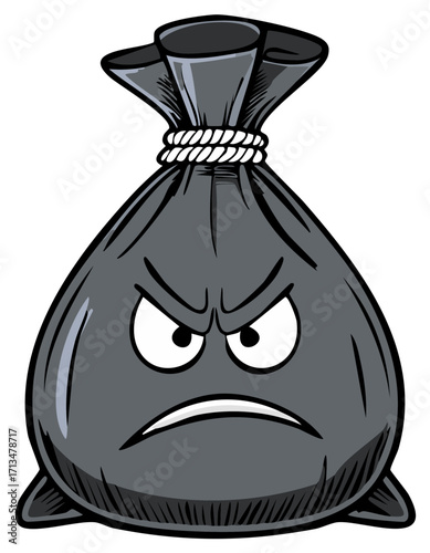 Cartoon character with angry expression, tied sack with eyes and mouth, illustration