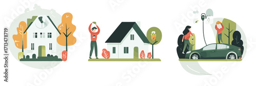 Sustainable living with eco friendly house energy efficiency home solar panels electric car charging green environment minimalist flat vector illustration set