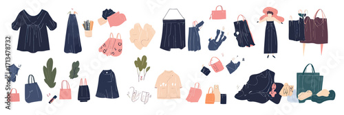 Flat vector illustration of sustainable fashion elements featuring recycled clothing items, eco friendly textiles, second hand shopping, and accessories collection set