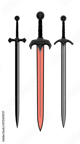 Three medieval swords with detailed hilts and long blades in flat minimalist vector style isolated on white background illustration for fantasy and historical themes