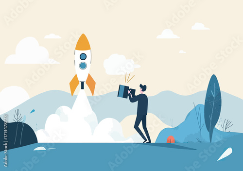 Businessman launching rocket with remote control on blue hill landscape symbolizing startup project and company growth concept in flat minimalist vector style