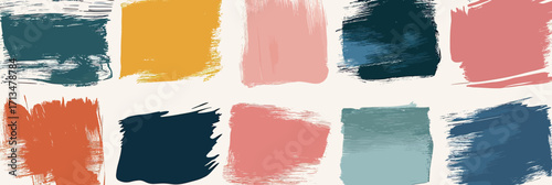 Abstract colorful brush stroke paint swatches in various shades of blue orange pink teal and coral on light background for artistic design and texture samples