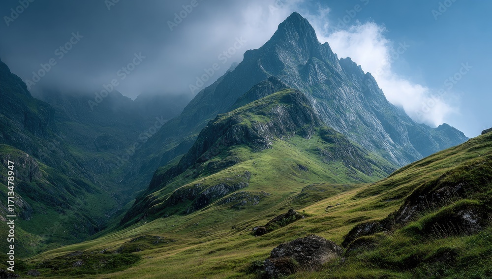 Fototapeta premium Majestic peak, verdant slopes shrouded in mist