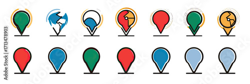 Set of colorful GPS location pins and map markers icons in flat minimalist style with solid and outline designs isolated on white background for navigation and map usage