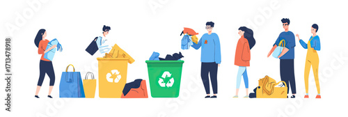 People sorting and recycling old clothes at textile recycling bins with shopping bags sustainable fashion eco friendly concept flat vector illustration