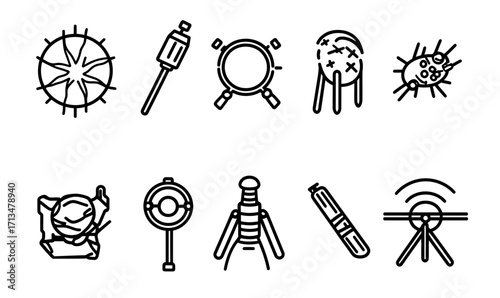 Microscope Science Icons Set with Bacteria Cells Lab Equipment and Scientific Research Symbols in Minimalist Line Art Style Vector Illustration