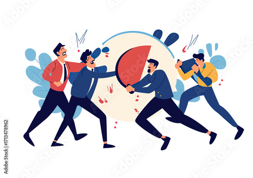 Businessman holding shield defending against multiple attackers in confrontation duel symbolizing competition and resilience in business fight vector illustration