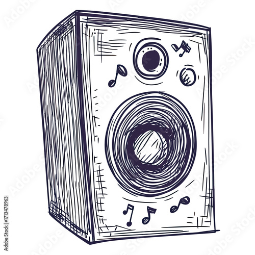 Hand drawn sketch style music speaker cabinet with musical notes doodle simple line art illustration isolated on white background vector graphic design