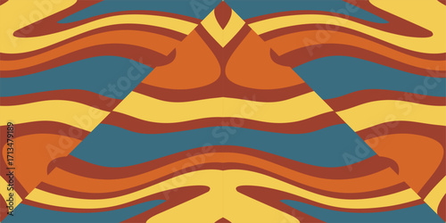 An abstract optical illusion features flowing organic shapes in warm earth tones and cool blues creating a dynamic and hypnotic visual experience.