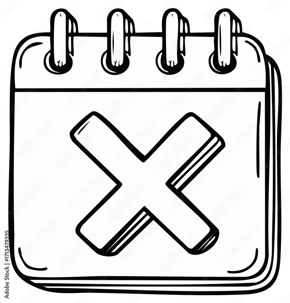 Fototapeta premium Black and white doodle calendar page with large cross indicating cancellation or removal event