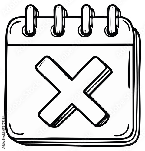 Black and white doodle calendar page with large cross indicating cancellation or removal event