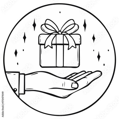 Hand presenting a gift box with ribbon and sparkling stars in a circle