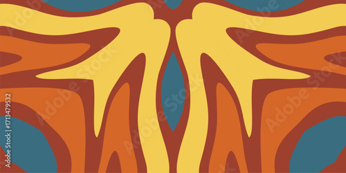 A mesmerizing abstract pattern featuring bold organic shapes in warm earth tones and cool teal, evoking a sense of retro fluidity and psychedelic depth perfect for graphic design.