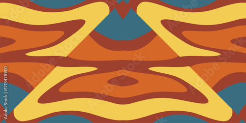 Abstract retro wavy stripes in warm earthy tones with bold geometric accents creating a dynamic visual flow.