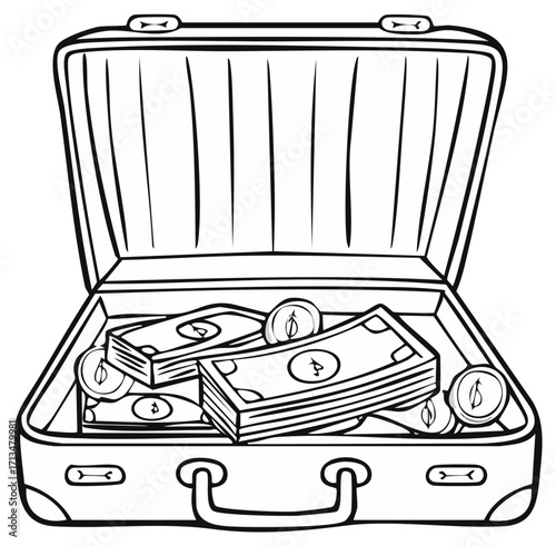 Open briefcase brimming with stacks of banknotes and coins, line art style, monochrome representation