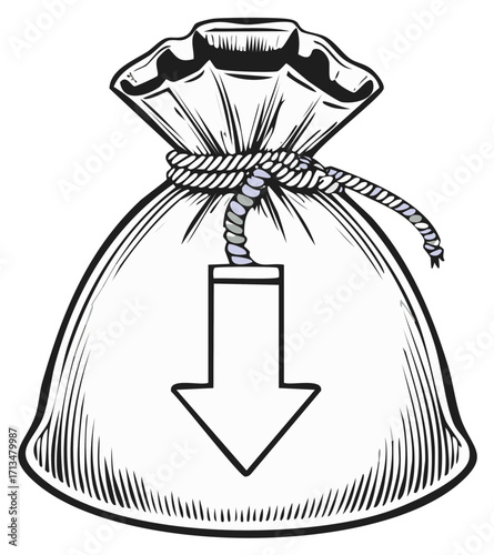 Money bag with down arrow concept, falling prices, market decline illustration.