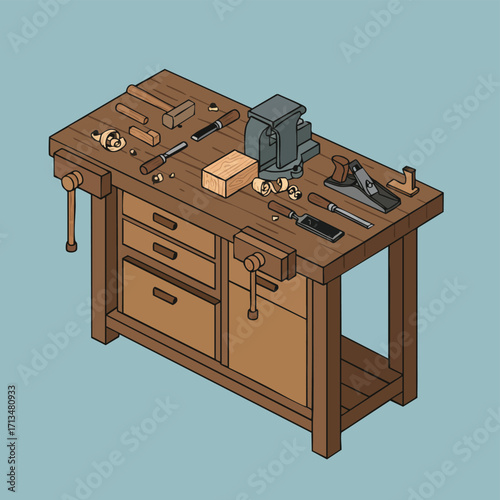 An illustration showcases a detailed woodworking workbench, complete with various tools and equipment, ready for crafting and construction projects.