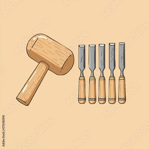 A wooden mallet and a set of chisels are arranged together on a light brown surface, tools for woodworking and craftsmanship.