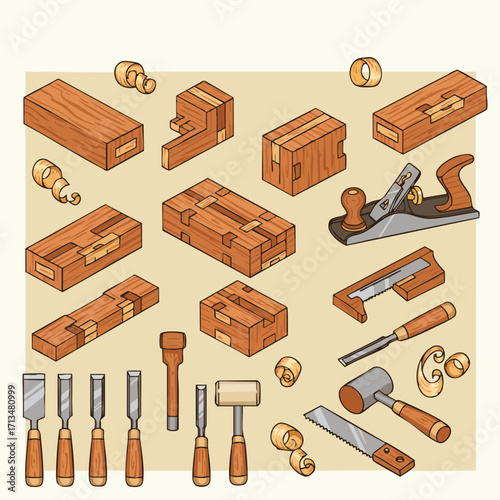 An illustrated collection showcases various woodworking tools and wooden boxes, ideal for carpentry and construction projects.