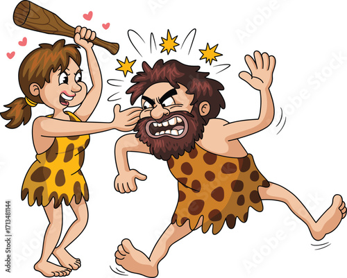 cartoon caveman, cartoon cavewoman, prehistoric couple, funny caveman art, humorous cavewoman, stone age characters, club hitting, love hearts, comic violence, playful fight