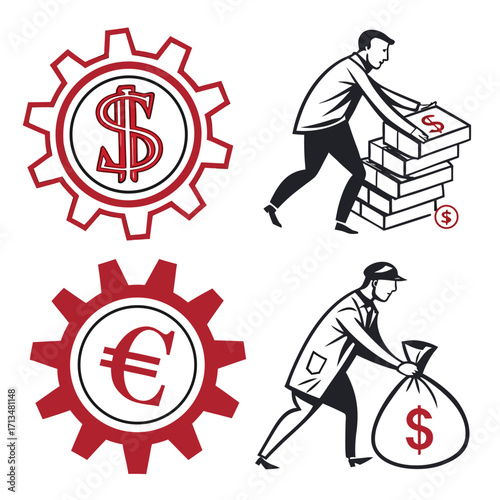 Financial Illustration Set: A set of bold vector illustrations embodies concepts of finance, incorporating elements of a dollar sign, euro sign, gears, and figures interacting with currency.