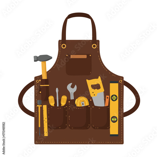 A brown leather apron filled with essential tools for carpentry and construction, perfect for DIY projects and home improvement.