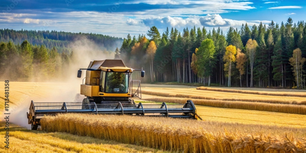 Fototapeta premium Harvesting Wheat with Combine in Scenic Autumn Landscape
