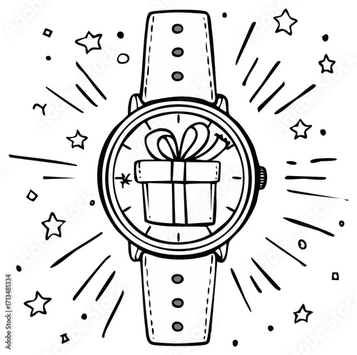 Wristwatch with gift box on face and festive sparkles and stars illustration