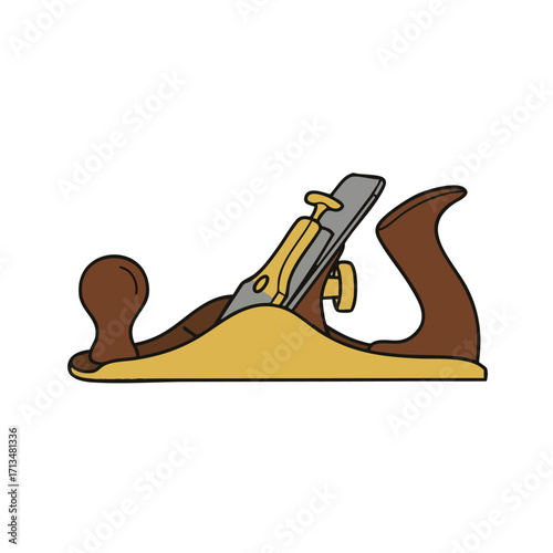 A detailed illustration showcases a traditional hand plane, a woodworking tool used for shaping and smoothing wood surfaces.