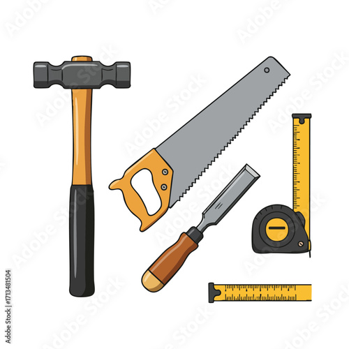 A collection of essential carpentry tools, including a hammer, saw, chisel, and measuring tape, arranged against a clean white background.
