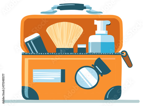 Open orange toiletry bag full of shaving accessories for men. Travel preparation