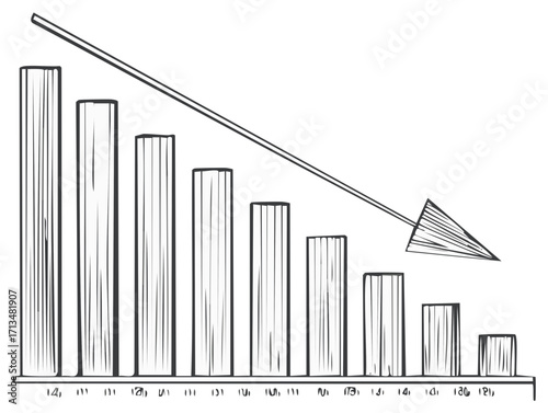 Hand drawn falling bar chart with downward arrow indicating negative trend and loss