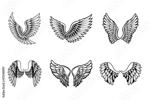 Set of Angel Wings Collection with Feathers – Black and White Tattoo Art